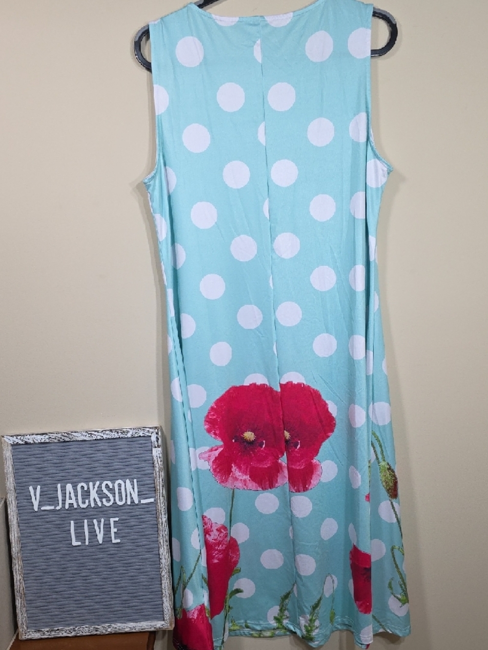 Light Blue Polka Dot Midi Dress with Red Floral Print - Picture 5 of 5